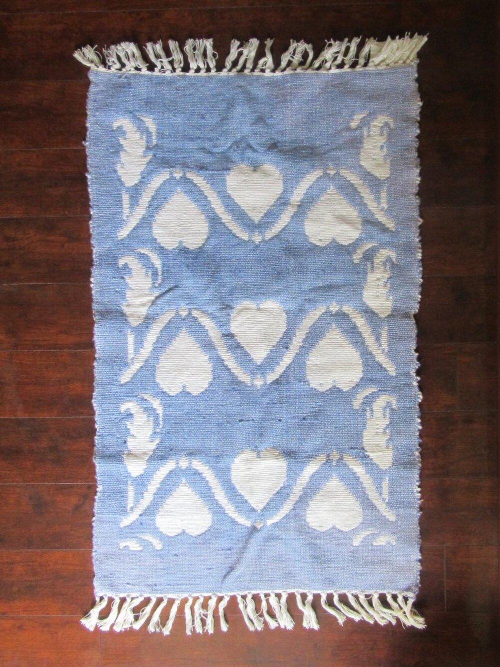 Vintage Hand Woven Blue White Reversible Karavan Rug 2x3 country hearts Unused